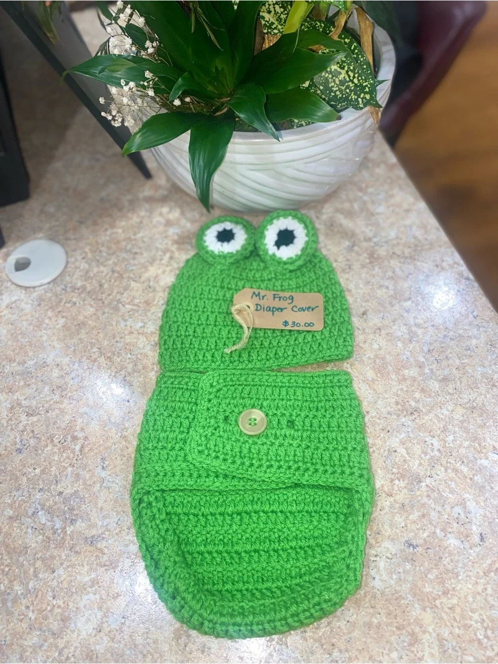 Handmade Green Frog Crochet Baby Diaper Cover and Hat Set-Large